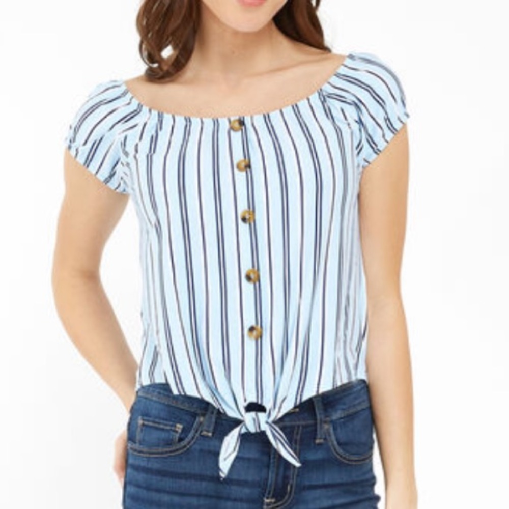 No Comment Blue & White Striped Knot Off the Shoulder Top. Sz. L